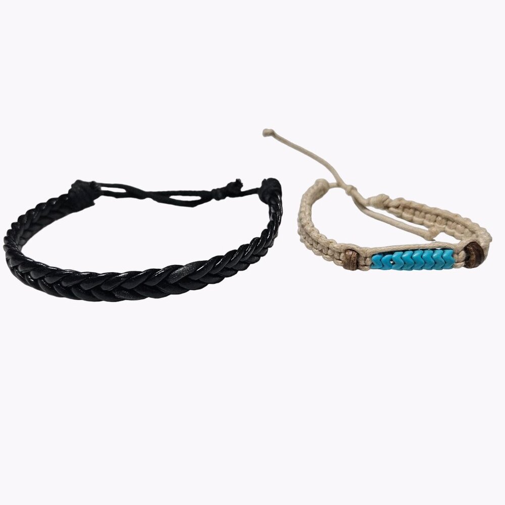 Friendship Bracelet Leather Hemp Woven Beaded Lot of 2 Fashion Jewelry Unisex